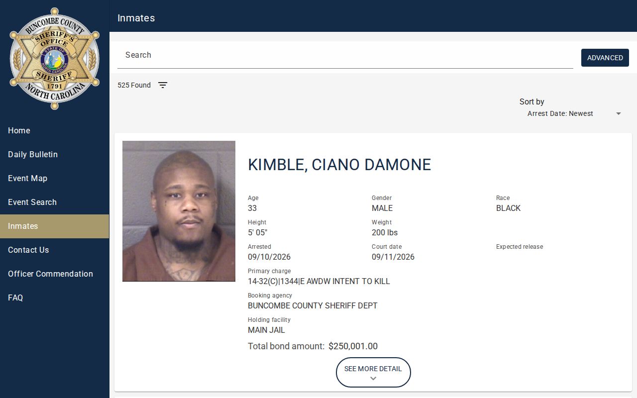 Official Buncombe County detainee search screen