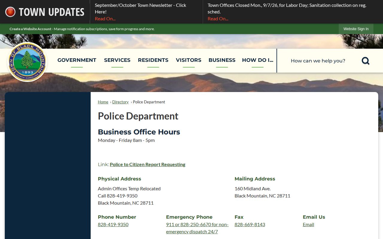 Black Mountain Police arrest records department address and contact information