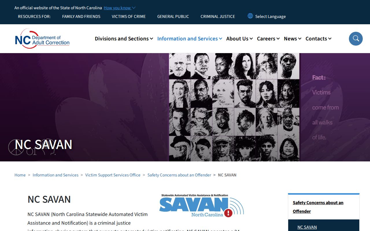 NC SAVAN registration page for custody-status notifications