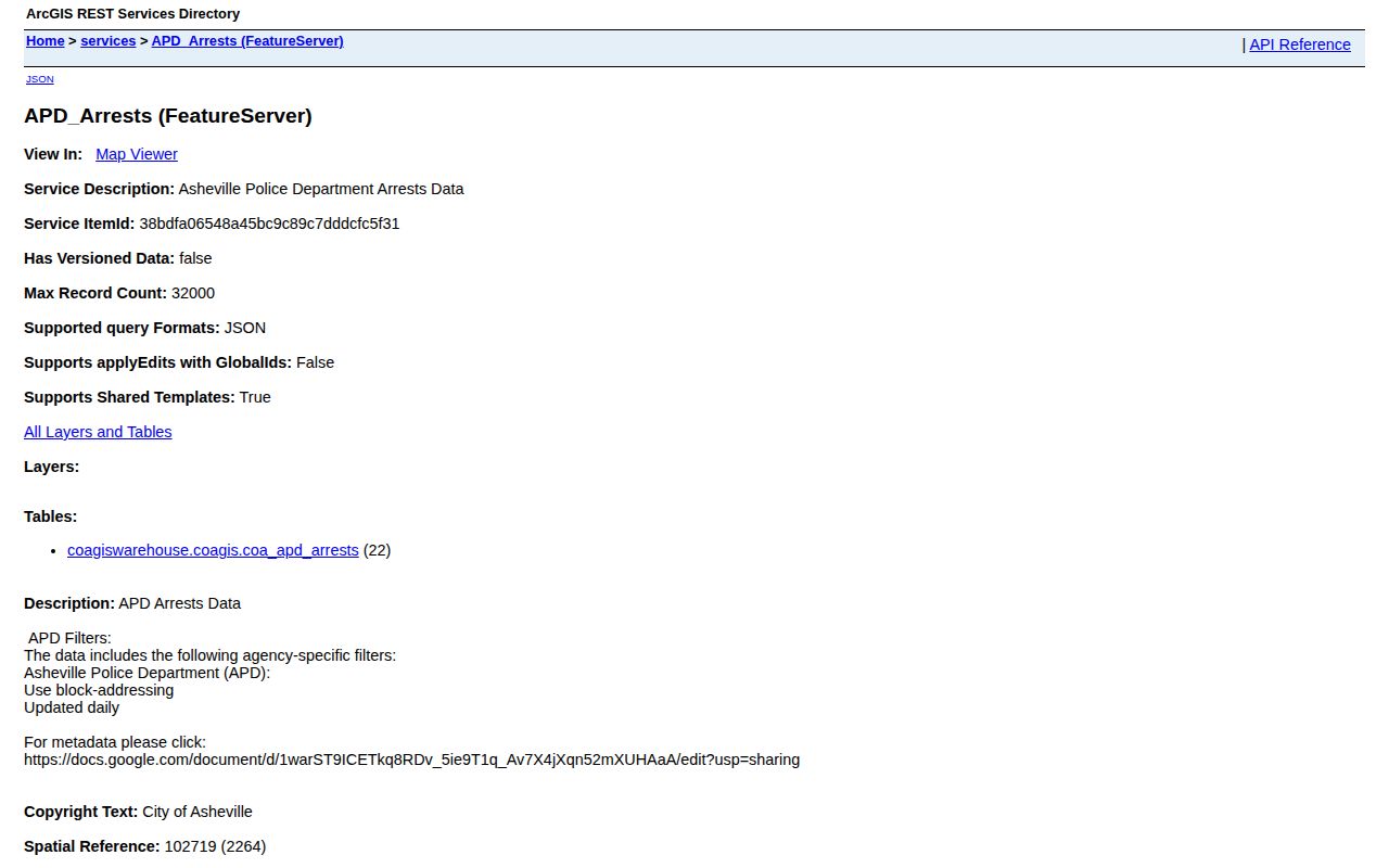 Asheville Police arrests data service metadata