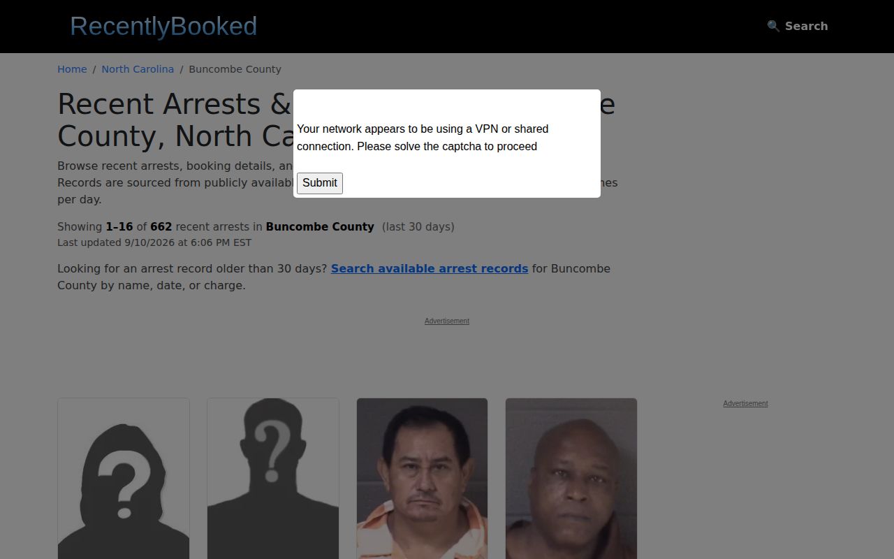 Secondary Buncombe County thirty-day arrest archive interface